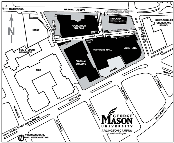 Arlington Campus Map; Hazel Hall (the law school building) is on the corner of Kirkwood and Fairfax Dr. The 'original building' is to the west. The Truland building is to the north. The Foundation building is to the northwest.