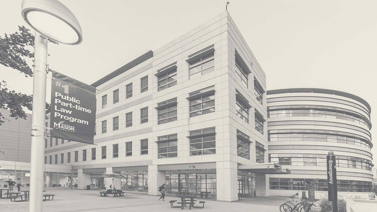 Law School building in gray scale with #1 Public Part-Time Law School banner in foreground