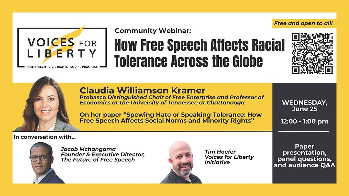 VFL Logo in black, white and yellow, surrounded by yellow border.  Images of speakers, as well as QR code. Paper presentation, panel questions, and audience q & a. Free and open to all.