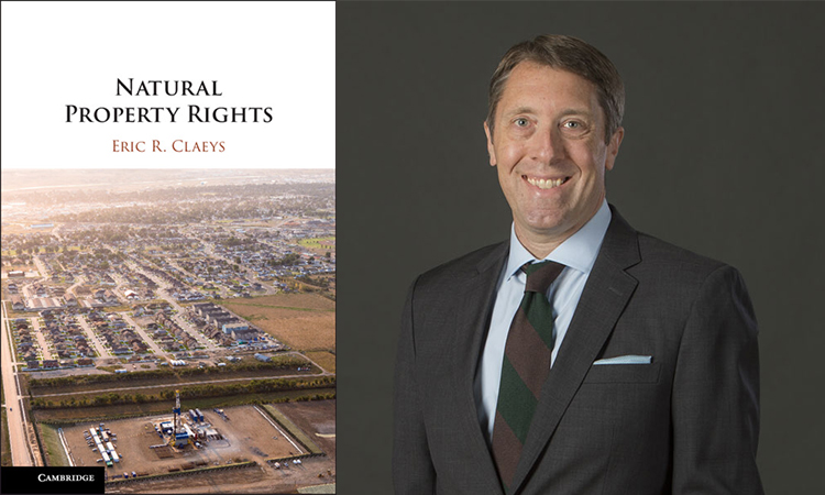 Natural Property Rights Book Cover on left, with Image of Professor Claeys on right